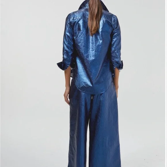 Blue metallic linen culottes - Picture 2 of 5